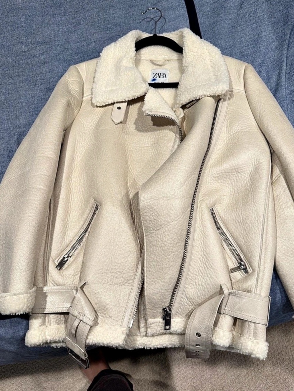 Zara Faux Leather Shearling Biker Jacket White